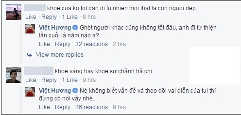 Một số người xem khó tính cho rằng nữ danh hài đang cố tình khoe của và sự sang chảnh. Ngay lập tức, Việt Hương đã lên tiếng đáp trả “không phải dạng vừa đâu” nhưng vẫn vô cùng hài hước, thâm thúy và sâu cay: “Ghét người khác cũng không tốt đâu, anh đi từ thiện lần cuối là năm nào ạ?”.
