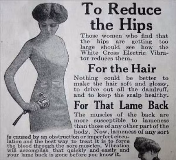 Máy rung tiêu mỡ, "đánh bật" gàu Đây có thể được coi là loại hình thiết bị làm đẹp mà vẫn còn tồn tại đến bây giờ. Cơ chế rung được áp dụng trong nhiều chiếc máy với lời hứa loại bỏ mỡ thừa mà người sử dụng không cần tập thể dục, không đau đớn. Chiếc máy thậm chí còn được áp dụng với... tóc nhằm đánh bật gàu. Thậm chí, có một thiết bị “rung điện” đặc biệt dành cho da đầu đã được tung ra thị trường. Sản phẩm này hứa hẹn rằng sẽ kích thích sự lưu thông của “các tế bào não và da đầu”, bên cạnh việc loại bỏ gàu và tóc xấu. Nó được thiết kế với 480 chân rung, với biệt danh những “ngón tay nhân tạo”.