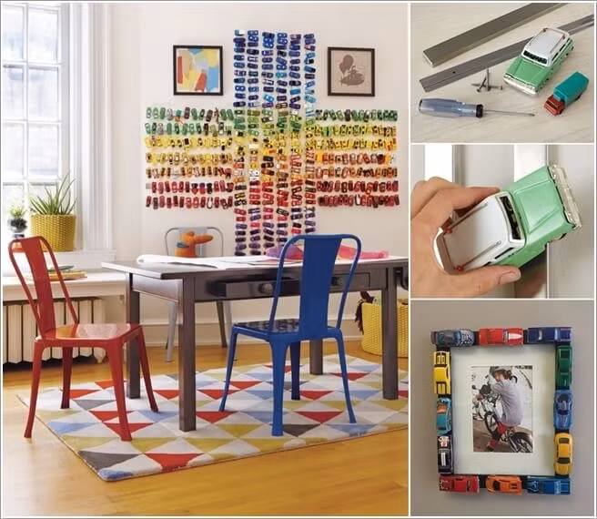 Với bộ sưu tập ô tô của con, bạn cũng có thể gắn nam châm phía dưới gầm ô tô, và tạo hình bắt mắt trên tường theo thanh kim loại đóng sẵn. Ý tưởng thú vị này vừa giúp phòng bé có điểm nhấn sinh động vừa giúp cất trữ gọn gàng đồ chơi của bé.