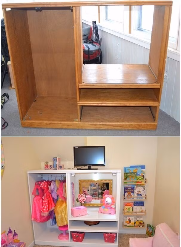 Chiếc tủ cũ kỹ cũng có thể biến thành tủ đựng đồ tiện ích và đẹp mắt cho căn phòng của bé. Bạn có thể gắn thêm móc treo, chia lại không gian tủ với các kệ cho hợp lý. Và quan trọng hơn hết là chọn màu sơn để sơn cho kệ thêm sáng đẹp và bắt mắt.