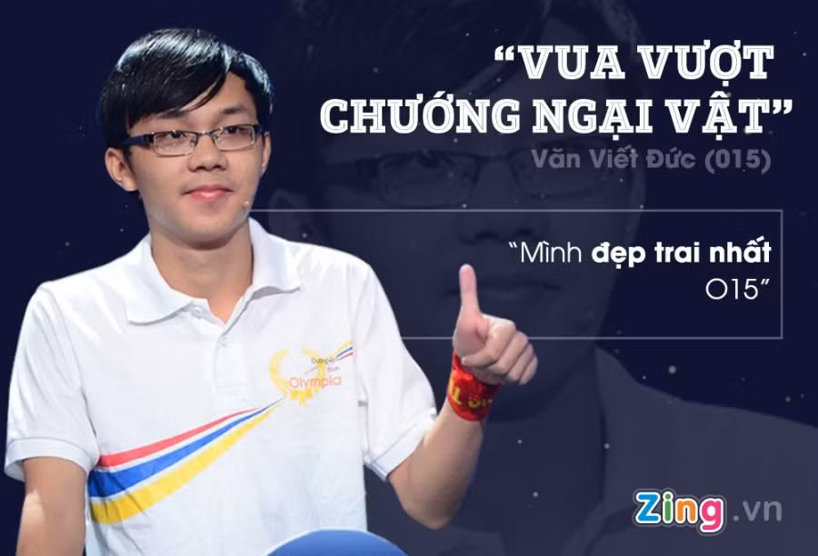 Văn Viết Đức - thí sinh tự nhận mình điển trai nhất, đồng thời là quán quân Olympia năm thứ 15 - được khán giả nhớ tới với biệt danh “Vua vượt chướng ngại vật”. Ở cuộc thi tuần, quý, năm, nam sinh trường THPT Thị xã Quảng Trị đều giải được ô chữ bí mật chỉ sau một từ gợi ý. Một số điều thú vị về “cá tràu” (nickname do bạn bè đặt) Viết Đức là không dùng Facebook và từng hay đi học muộn vì… bận bế em. 9X đã lên đường du học Australia vào giữa tháng 7 vừa qua.