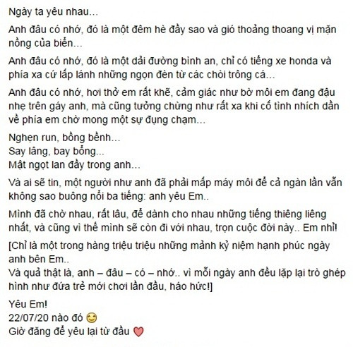 Những lời yêu thương bay bổng mà nam diễn viên kiêm MC sinh năm 1981 gửi đến bà xã trong một dịp kỷ niệm ngày đầu tiên nói lời yêu.