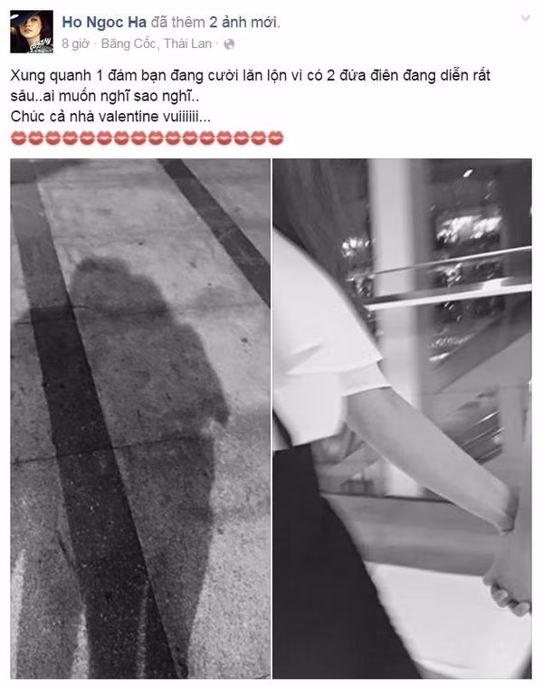 Dịp valentine vừa qua, "nữ hoàng giải trí" còn đăng tải trên trang cá nhân hai bức hình nhiều ẩn ý, một bức chụp lại bóng của cặp đôi trai gái bên nhau và một bức chụp tay trong tay rất thân mật. Kèm theo đó, nữ ca sĩ đưa ra lời bình luận “ai muốn nghĩ sao thì nghĩ” và không quên gửi lời chúc Valentine từ Bangkok.