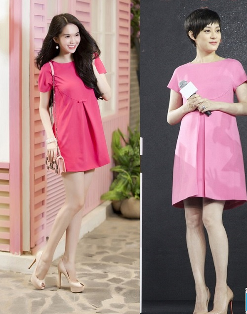 Chiếc đầm hồng Ngọc Trinh diện nằm trong bộ sưu tập thương hiệu mang tên cô giống với thiết kế của Valentino mà ngôi sao Hoa ngữ Tôn Lệ từng diện.