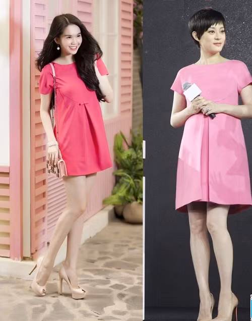 Chiếc đầm hồng Ngọc Trinh diện nằm trong bộ sưu tập thương hiệu mang tên cô giống với thiết kế của Valentino mà ngôi sao Hoa ngữ Tôn Lệ từng diện.