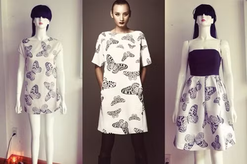 Chiếc váy Ngọc Trinh đăng quảng cáo trên Facebook có nhiều nét giống với những chiếc váy trong BST lấy hình cánh bướm làm điểm nhấn của NTK Đỗ Mạnh Cường.