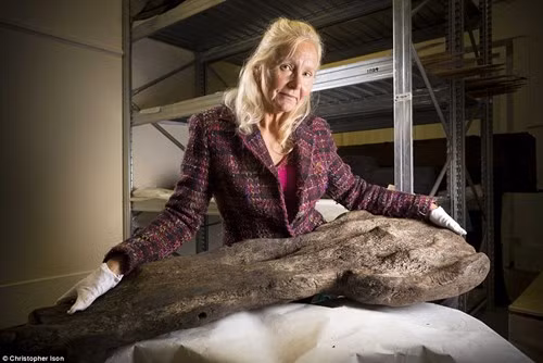 Nhà khảo cổ học hàng hải Alex Hildred bên biểu tượng hoa hồng Tudor được trục vớt từ xác tàu chiến Mary Rose.