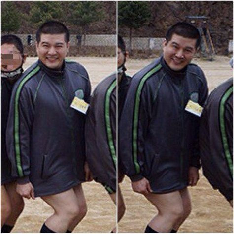 Shindong để lộ thân hình mập mạp trong một bức ảnh đùa vui cùng các chiến hữu trong quân ngũ.