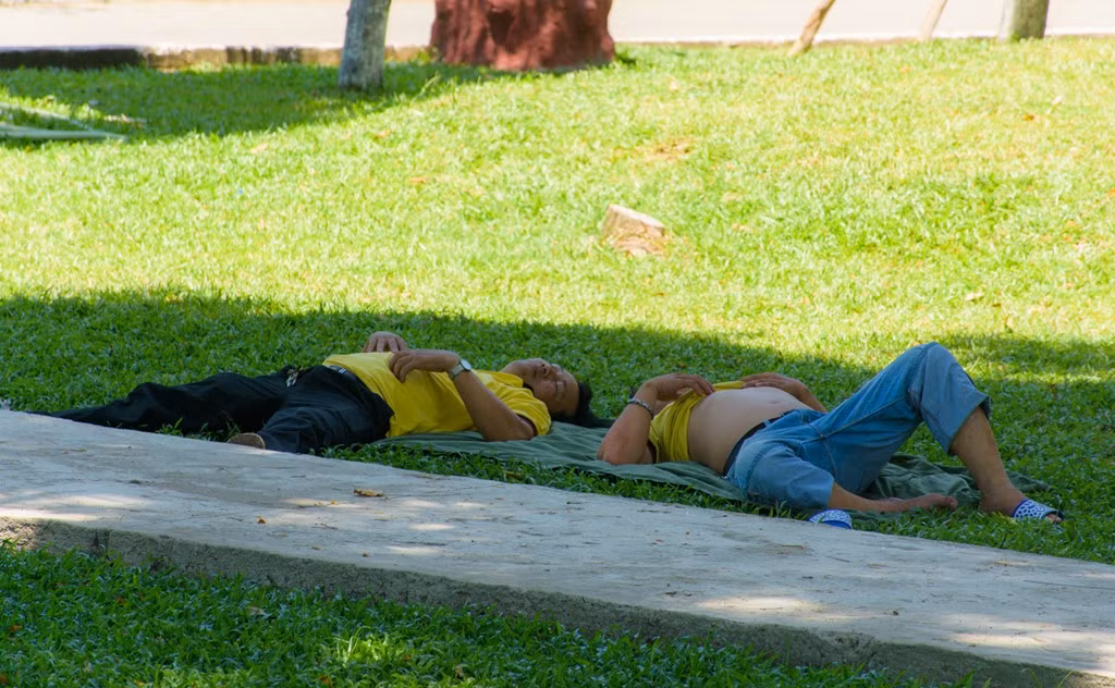 Nhiệt độ lên đến 37 độ C, những gia đình không có máy điều hòa không thể ở trong nhà nghỉ trưa.