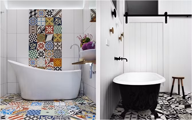 2. Mang hoa văn và họa tiết vào phòng tắm Việc sử dụng gạch lát tường và lát sàn có hoa văn để trang trí cho phòng tắm không phải là ý tưởng quá xa lạ. Tuy nhiên trong năm 2016, ý tưởng này sẽ được nâng cấp với vô số hình khối độc đáo cùng hoa văn ấn tượng được sắp xếp theo nhiều cách khác nhau.