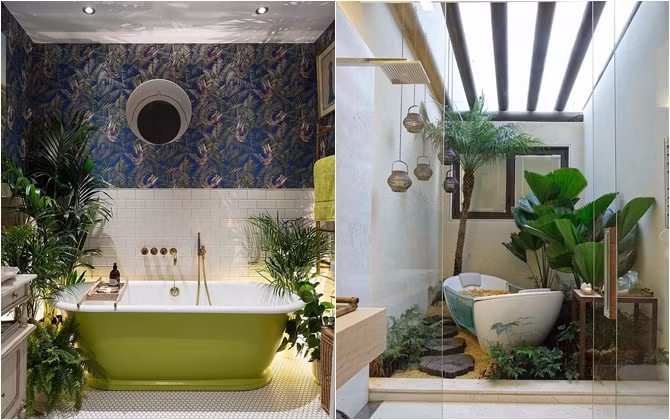4. Màu xanh của cây cối Cũng theo xu hướng gần gũi với thiên nhiên, những họa tiết hình hoa lá và chậu cảnh dự báo sẽ xuất hiện trong nhiều không gian phòng tắm. Môi trường ẩm và 'thừa' nước trong phòng tắm sẽ là địa điểm lý tưởng để đặt nhiều loại cây cảnh khác nhau.