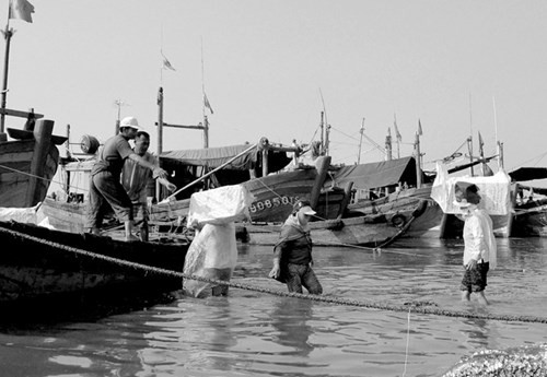 Theo bà Vượng, nghề bốc vác đá thuê có cách đây hơn 40 năm. Mỗi lần cập bến, tàu thuyền không thể đậu sát bờ nên việc vận chuyển ngư lưới, đá lạnh gặp khó khăn.