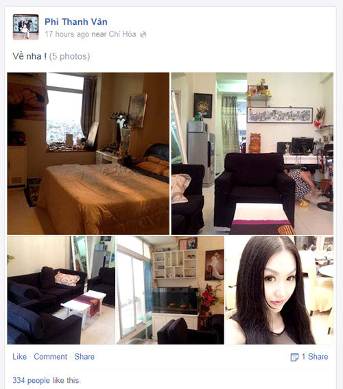 2. Phi Thanh Vân Sau khi li hôn với người chồng cũ, Phi Thanh Vân chuyển ra ngoài sinh sống. Vào giữa năm 2014, lần đầu tiên cô tiết lộ về ngôi nhà của riêng mình - thành quả sau một thời gian tự kinh doanh. Cô cho biết mình rất hài lòng với lựa chọn này vì nó vừa vặn, ấm cúng và phù hợp với công việc hiện tại.