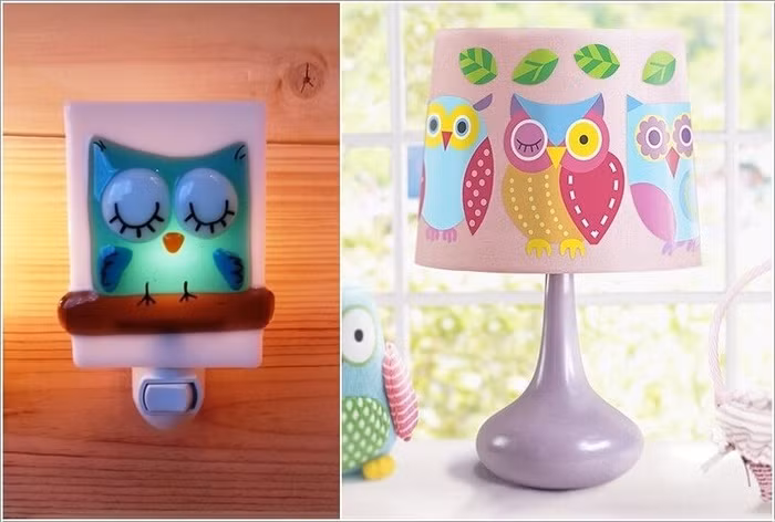 Nếu có nhiều thời gian rảnh rỗi, bạn cũng có thể dán sticker hoặc cắt giấy hình chim cú mèo dán xung quanh chụp đèn như một món quà đáng yêu tặng bé.