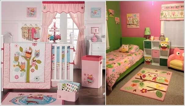 Bạn cũng có thể kết hợp họa tiết trên thảm với gối và ghế ngồi, tranh treo tường hình chim cú mèo giúp không gian của bé đẹp sinh động.