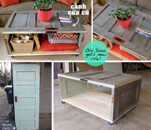 Chiếc bàn được tái chế từ những cánh cửa cũ không dùng đến. Bạn lấy những cánh cửa gỗ cũ đó ghép chúng lại với nhau thành một cái hộp rỗng. Sau đó, lắp thêm 4 bánh xe nhỏ vào 4 cạnh bàn. Với thao tác đơn giản là bạn đã có chiếc bàn để trưng bày trong nhà hoặc để trong các quán café. Bên cạnh đó, hãy tận dụng không gian bên trong chiếc bàn để đựng các đồ dùng như khăn, ly,…