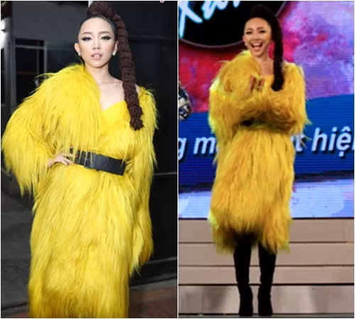 Một lần khác, nữ ca sĩ Tóc Tiên bị ví là chú gà lông vàng trên sân khấu khi "chơi trội" bằng mẫu áo lông vàng chóe và to sụ.