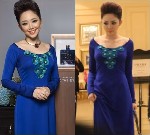 Năm 2004, khi đón tiếp David Beckham tới Việt Nam, người đẹp đã chọn chiếc áo dài xanh cobalt khoét cổ "già chát chúa". Nếu muốn chọn quốc phục phù hợp, có lẽ cô nên diện một chiếc áo dài trắng nền nã là đủ thanh lịch và trẻ trung rồi. Thời điểm đó, Tóc Tiên bị chê "tới bến" vì make-up và trang phục già dặn.