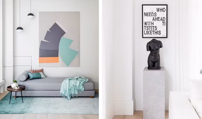 Góc thư giãn được bố trí ngay cạnh phòng khách chính, là nơi để mọi người có thể thoải mái lựa chọn không gian riêng tư cho những công việc mà mình yêu thích. Góc thư giãn được đặt sofa giường nhỏ gọn. Điểm nhấn mang lại nét đẹp đặc biệt cho không gian nằm ở bức tranh trên tường và thảm trải sàn. Những gam màu trung tính, dịu dàng nhưng không kém phần lôi cuốn.