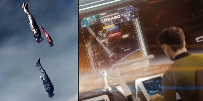 Star Trek: Người xem tinh ý sẽ nhận ra một lỗi ngớ ngẩn trong bộ phim là thứ tự rơi của Kirk, Sulu và kỹ sư Olson không giống nhau giữa cảnh quay họ rơi thật và vị trí của họ hiển thị trên màn hình điều khiển. Chekov cũng thông báo họ đang ở độ cao 20.000m, trong khi màn hình kiểm soát hiện ra con số 102.000m.