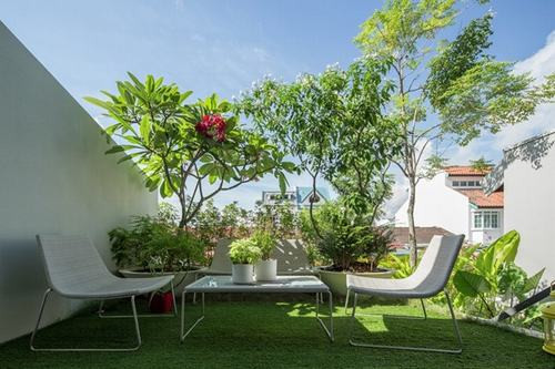 Xung quanh khu vực ngôi nhà được trồng nhiều cây xanh ở phía trước và sau.