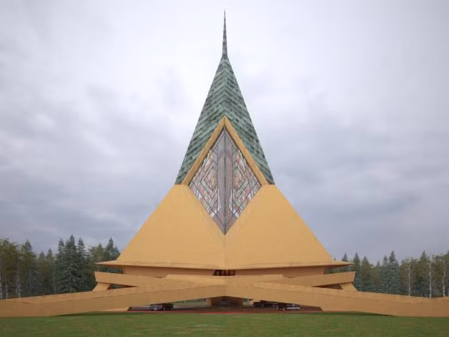 Không những vậy, nhà nguyện độc đáo này còn mang dáng dấp kiến trúc kết hợp giữa khối hình đồ họa AutoCAD và 3D Max bao gồm các lằn, rảnh bê tông uốn lượn góc cạnh nối lại với nhau tạo thành các lối đi từ nhà xe vào trung tâm nhà nguyện. Ở phần thân bọc bên ngoài lên tới đỉnh tòa nhà là khu vực áp kính màu hình kim cương, có hoạ tiết trông rất thú vị, hấp dẫn.