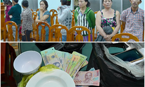 Các đối tượng và tang vật tại cơ quan công an. Ảnh: báo Công An TP. HCM.