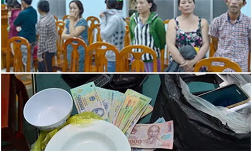 Các đối tượng và tang vật tại cơ quan công an. Ảnh: báo Công An TP. HCM.