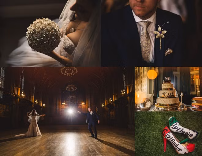 Cặp đôi Cassie và Lewis Byrom đều thích đọc các tác phẩm của J.K.Rowling nên họ tổ chức đám cưới mang phong cách Harry Potter và từng gây chú ý hồi giữa năm. Mọi chi tiết từ lớn đến nhỏ trong hôn lễ đều liên quan đến bộ truyện lừng danh như lễ đường "Hogwarts", bánh cưới, giày của cô dâu, hay bó hoa cưới được tái chế từ hơn 20 quyển Harry Potter cũ... Ảnh: Yahoo.