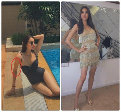 Phạm Hương bị đánh giá là có bắp tay khá to. Nhưng bức ảnh chụp bên hồ bơi, tay phải của cô bị nhỏ đi một cách bất thường.