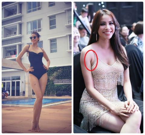 Bức ảnh diện bộ bikini màu đen đã được chỉnh sửa photoshop, giúp cho phần nách của Phạm Hương phẳng lì, không có dấu vết của vùng nách bọng mỡ khi cô được chụp trong một chương trình thực tế, chưa kịp chỉnh sửa.