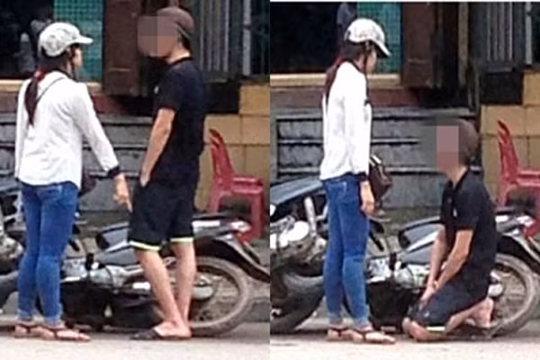 Tháng 4/2014, ngay giữa đường phố ở Thái Nguyên, một chàng trai đã quỳ gối cầu xin bạn gái sau khi bị cô này tát nảy đom đóm vì tội 'léng phéng' với người khác và bị tóm tại trận.