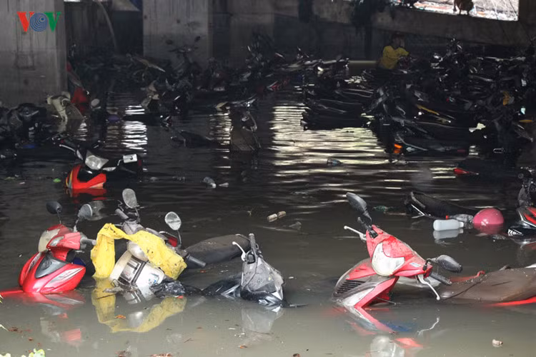 Hầm gửi xe cũng ngập sâu.