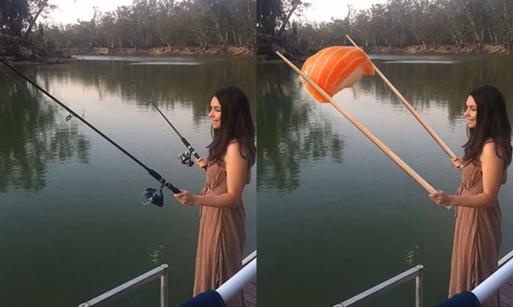 Với các ý tưởng “bá đạo”, James Fridman đã tạo nên thương hiệu cho những bức ảnh photoshop tại Twitter của mình. Ảnh bên phải là kết quả từ lời yêu cầu của một chàng trai nhờ James “can thiệp” để bạn gái câu được cá.