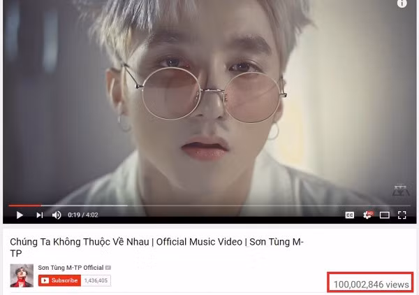 Mới đây, Sơn Tùng MTP đã có MV đầu tiên của mình cán đích 100 triệu lượt xem trên youtube, ca khúc Chúng ta không thuộc về nhau đã giúp Sơn Tùng MTP là ca sĩ có MV đạt 100 triệu lượt xem nhanh nhất trên youtube. Ca khúc này chỉ mất đúng 6 tháng để đạt được con số "khủng" này.