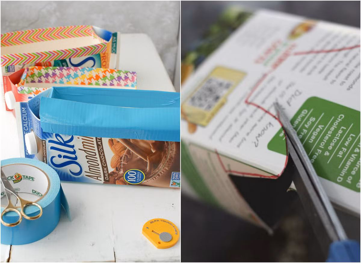 Bước 2: Bước này nên được thực hiện bởi các bậc phụ huynh hoặc bố mẹ giám sát trong lúc con làm. Sử dụng kéo sắc để cắt bỏ một bên hộp sữa hoặc cắt theo đường nét đã vẽ sẵn, phần cắt sẽ là đỉnh để trồng cây. Hoặc bạn cũng có thể để trẻ cắt theo những đường đã vẽ, kẻ sẵn.