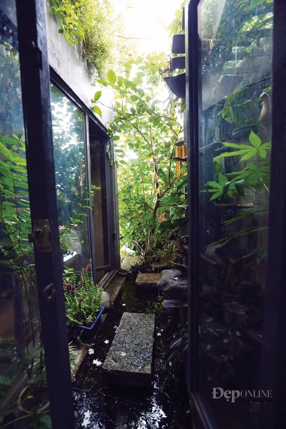 Lối lên tầng thượng băng qua một hồ nước nhỏ sau vách kính, như dẫn ra một thế giới khác, rộng mở hơn mà vẫn giữ được sự tĩnh tại là tinh thần chung của cả ngôi nhà. Mỗi không gian thực sự là một đề tài để bất cứ tâm hồn bay bổng nào cũng có thể tha hồ sáng tác.