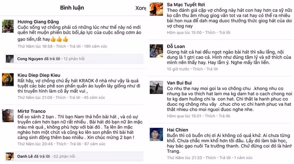 Một thành viên mạng xã hội còn cho rằng "cặp vợ chồng hát còn hay hơn ca sỹ. Không cần thu âm nhưng chất giọng vẫn tốt. Có thể ra nhiều bài hơn nữa để mọi người cùng thưởng thức". (ảnh chụp màn hình).