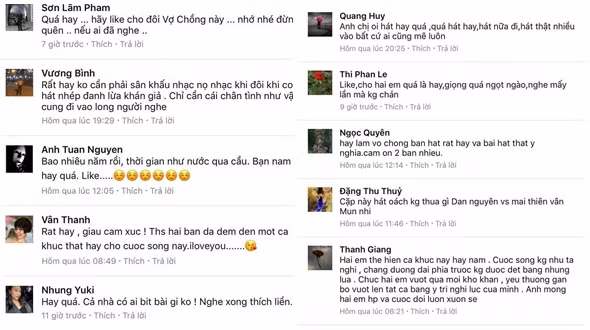 Những lời khen có cánh dành cho đôi vợ chồng song ca (ảnh chụp màn hình).