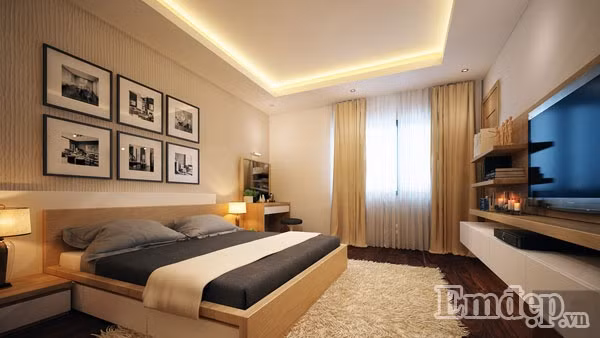 Phòng ngủ dành cho vợ chồng gia chủ lung linh với đầy đủ góc làm việc, thư giãn.