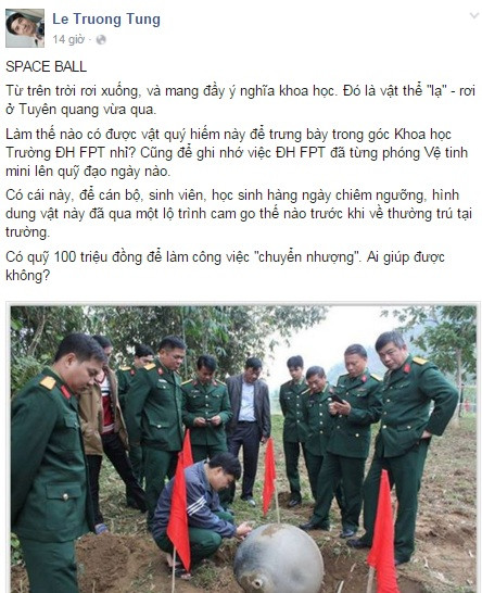 Chủ tịch HĐQT đại học FPT muốn mua 'vật thể lạ' rơi ở Tuyên quangChủ tịch HĐQT đại học FPT - TS Lê Trường Tùng ngỏ ý muốn mua 'vật thể lạ' rơi ở Tuyên quang. Ảnh chụp màn hình trang facebook cá nhân của TS Lê Trường Tùng.