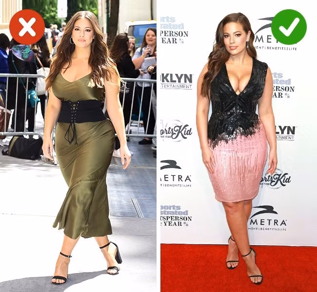 Quan niệm sai: Sử dụng thắt lưng to cho váy để tạo ra vòng eo, giúp cơ thể trông mảnh mai hơn. Phụ nữ béo với thắt lưng rộng, sáng màu lại khiến mọi người chú ý tới những khu vực có vấn đề. Tốt hơn hết, bạn nên chọn những kiểu váy cổ chữ V, dài không quá đầu gối để giúp cổ, thân hình trông dài hơn.