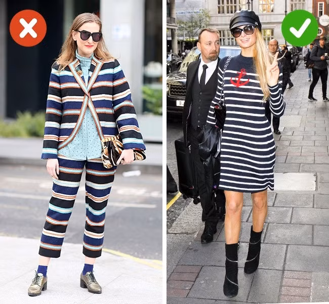 Quan niệm sai: Sọc ngang khiến cơ thể trông béo hơn. Thực tế là quan niệm này đúng khi bạn diện đồ sọc ngang lớn. Còn nếu bạn chọn những đường viền ngang nhỏ, nhí, cơ thể sẽ trông cao và mỏng hơn.