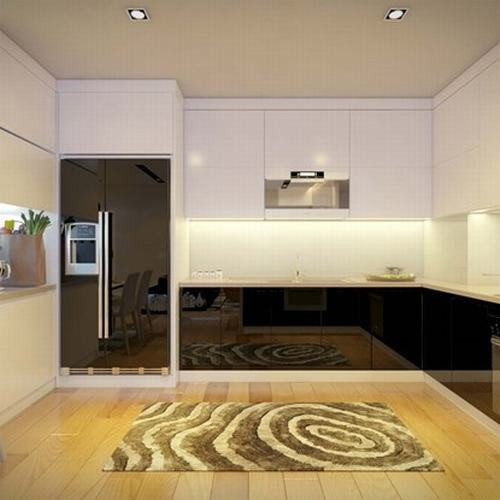 Phòng bếp bao gồm tủ bếp, bàn bar và bàn ăn được phân chia hợp lý.