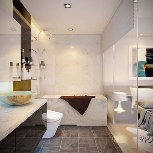 Phòng tắm được sử dụng vách kính ngăn cách với phòng ngủ.