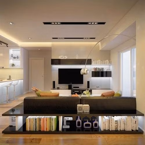 Bộ sofa kết hợp giá sách vừa tiết kiệm diện tích lại tạo nét độc đáo cho căn hộ.