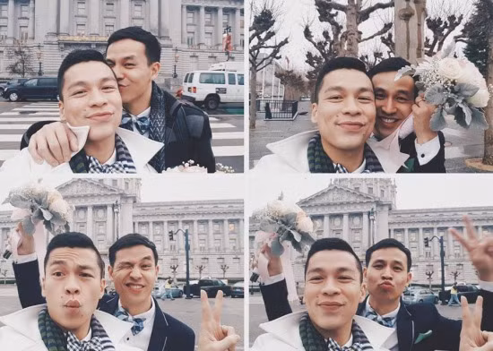 NTK Adrian Anh Tuấn và bạn đời Sơn Đoàn khoe ảnh chụp tại Mỹ khi hôn nhân của cả hai vừa chính thức được thừa nhận.