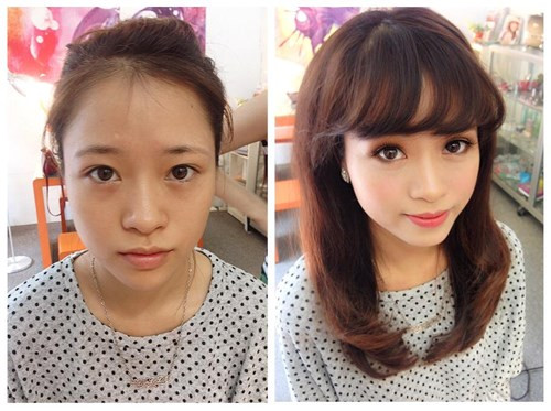 Cô gái từ gương mặt mộc qua bàn tay chuyên gia trang điểm trở nên xinh đẹp bất ngờ.