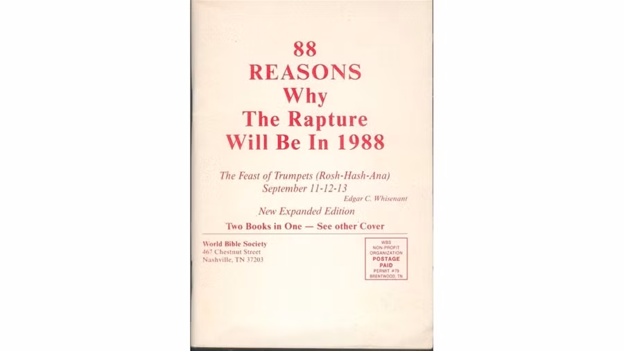 5. 88 lý do tin rằng năm 1988 là tận thế Bạn phải có niềm tin vững chắc lắm mới viết cả một cuốn sách tiên đoán ngày tận thế. Đó là tác phẩm của Edgar C Whisenant, 88 Reasons Why the Rapture Will Be In 1988 (88 lý do tại sao tận thế có thể là năm 1988), in đúng năm 1988. Để đảm bảo mọi người hiểu rõ ý mình, Whisenant đã quyết định in 300.000 bản và biếu không trên khắp nước Mỹ. Cũng có người tin, khi kênh truyền hình Christian Trinity đã cắt ngang chương trình của họ để đưa ra hướng dẫn về việc tránh ngày tận thế sau khi nhận được cuốn sách. Nhưng mọi chuyện không xảy ra, và Whisenant tiếp tục viết các suốn sách dự báo tương tự cho các năm 1989, 1993, 1994 và 1997. Chỉ có điều, số người đọc ngày càng ít đi.