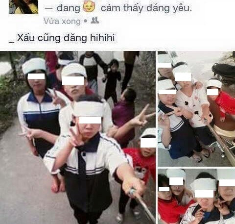 Các bạn trẻ này vẫn tự nhiên chụp ảnh, dù đầu đang chít khăn tang. Ảnh chụp màn hình.